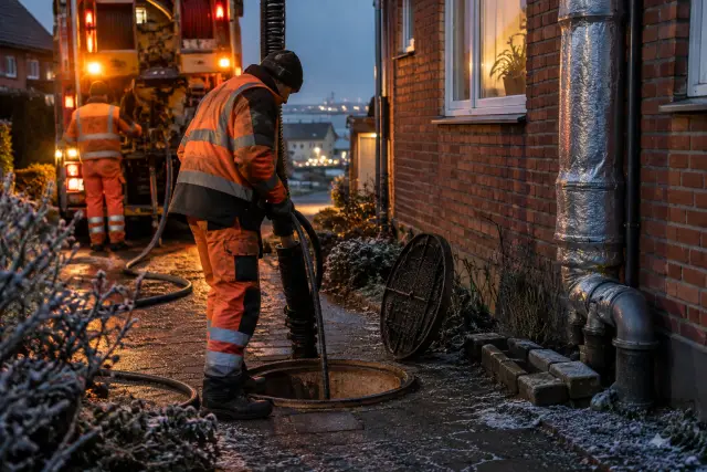 Abgesicherter Kontrollschacht neben einem Wohngebäude bei Frost mit isolierten Leitungen und winterlichem Boden